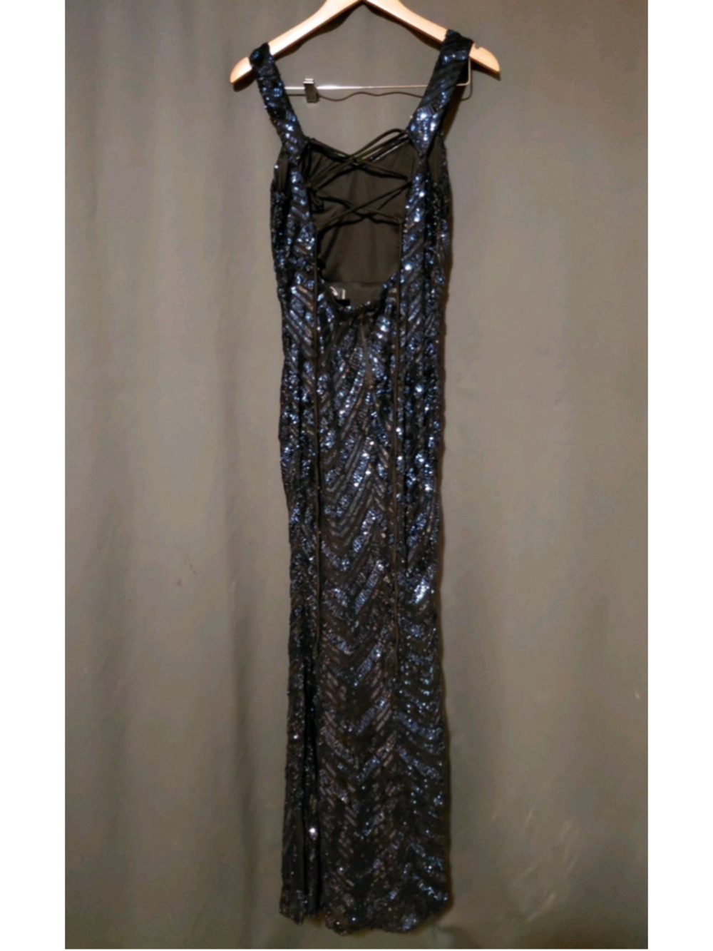 Windsor Blue Black Sequins Mermaid Geometric Lace Up Open Back Prom Dress Gown L - Picture 9 of 11